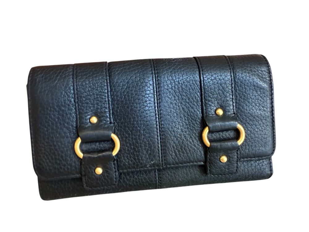 Wilsons Leather Black Pebbled Leather Continental Wallet Gold Buckle Detail